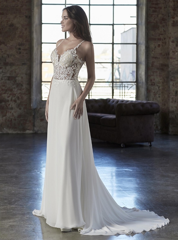 Chiffon, Spitze. Boho Brautkleid mit transperenter Corsage